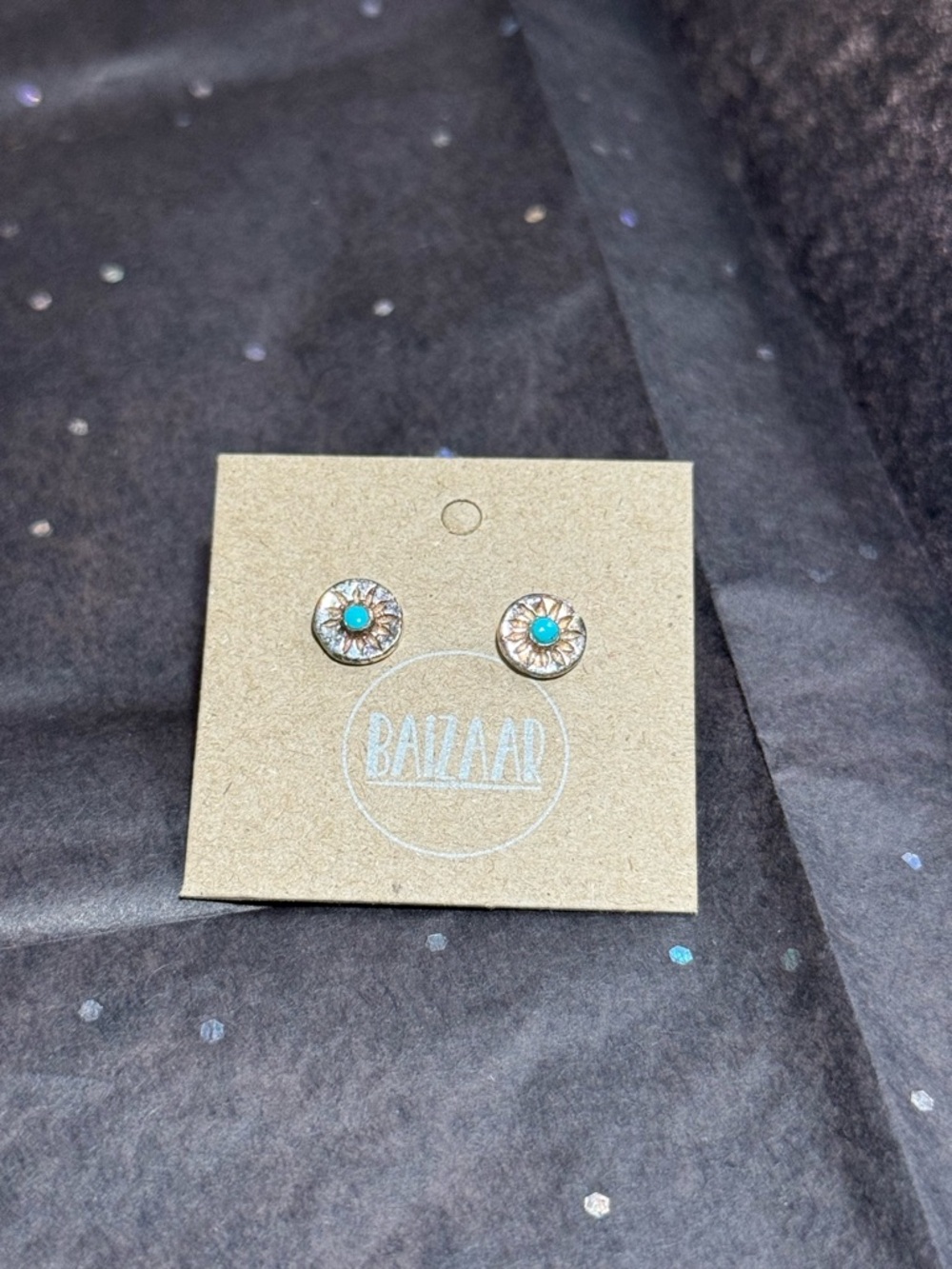 NWT BAIZAAR Turquoise Center Silver Sunburst Compass Stud Earrings